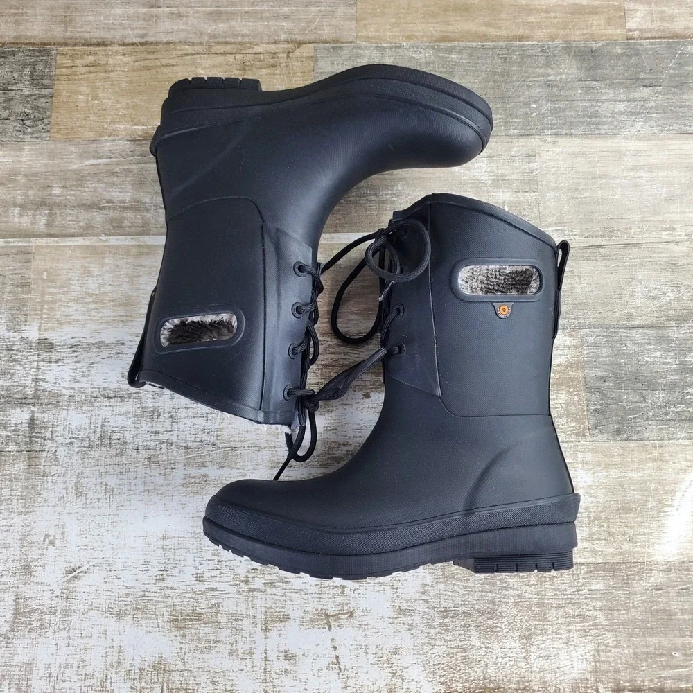 BOGS Amanda II Women Lace Waterproof Rain Boots Sz 6 Black Plush Comfort Lace Up